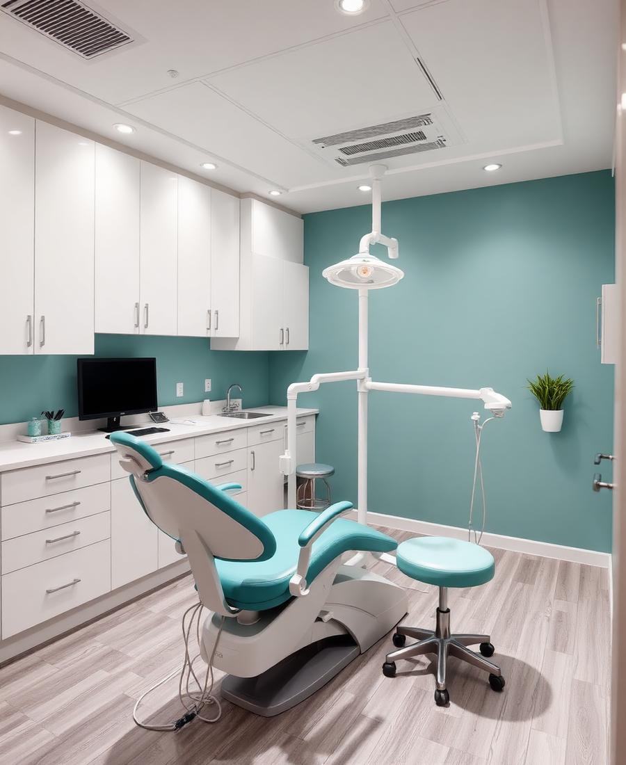 Treatment room with modern dental chair and teal accent wall