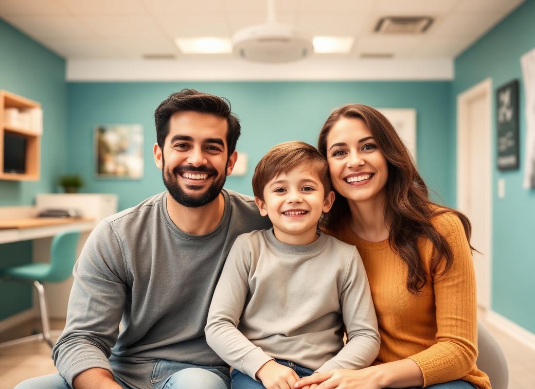 Smiling family in the waiting area of the dental office