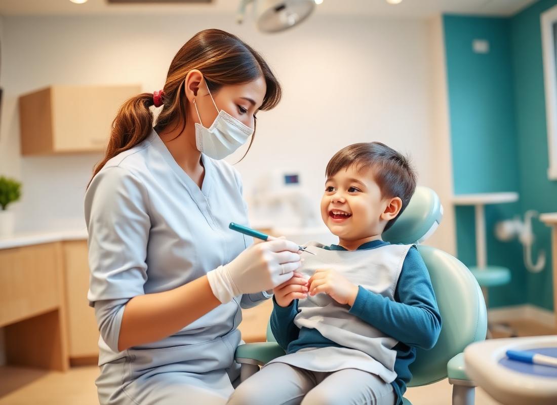 Hygienist gently showing dental tools to a young child patient