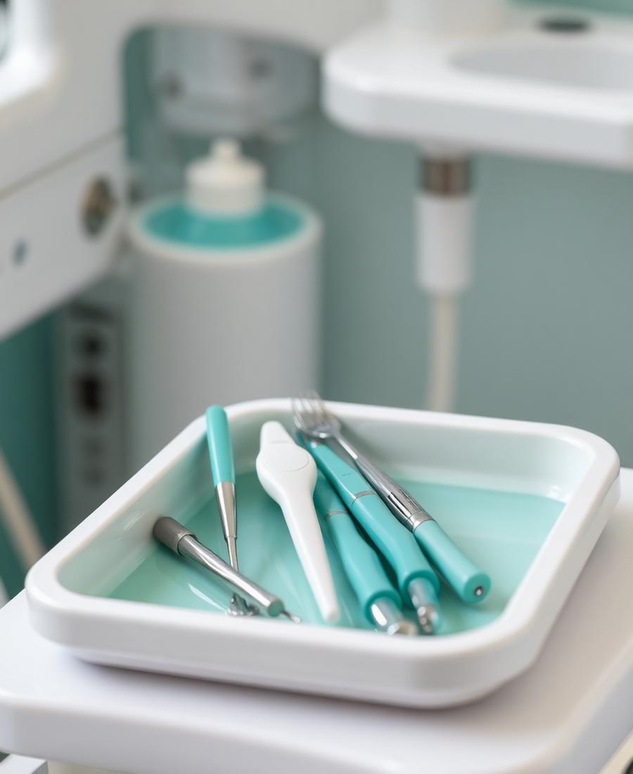 Sterilized dental instruments arranged on a clean tray